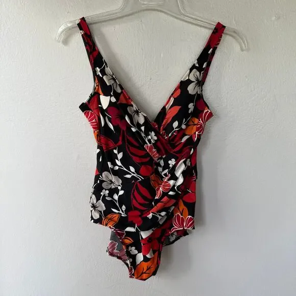 Miraclesuit floral one-piece swimsuit red black floral size 10